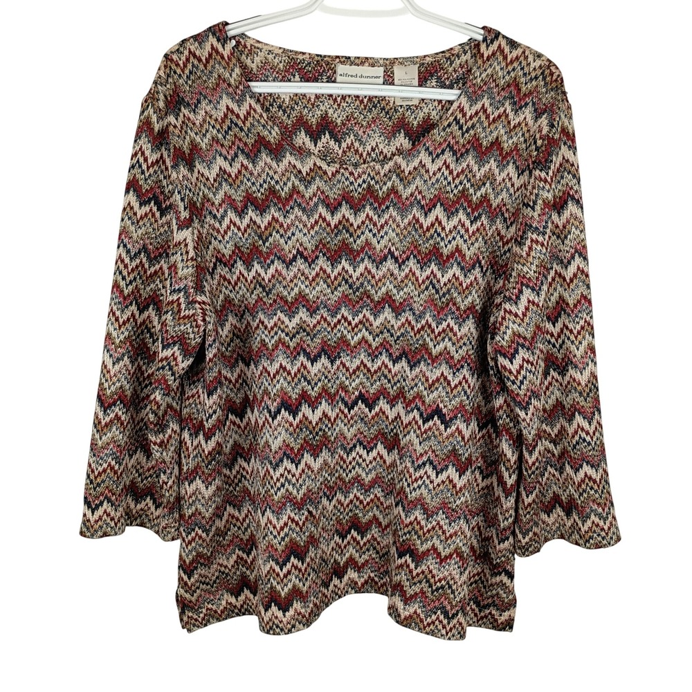 Alfred Dunner Womens Large Multi Color Chevron Zigzag 3/4 Sleeve Knit Top L